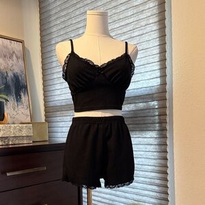 Woman's Black Lace Trim Ribbed Sleepwear Set. Size M